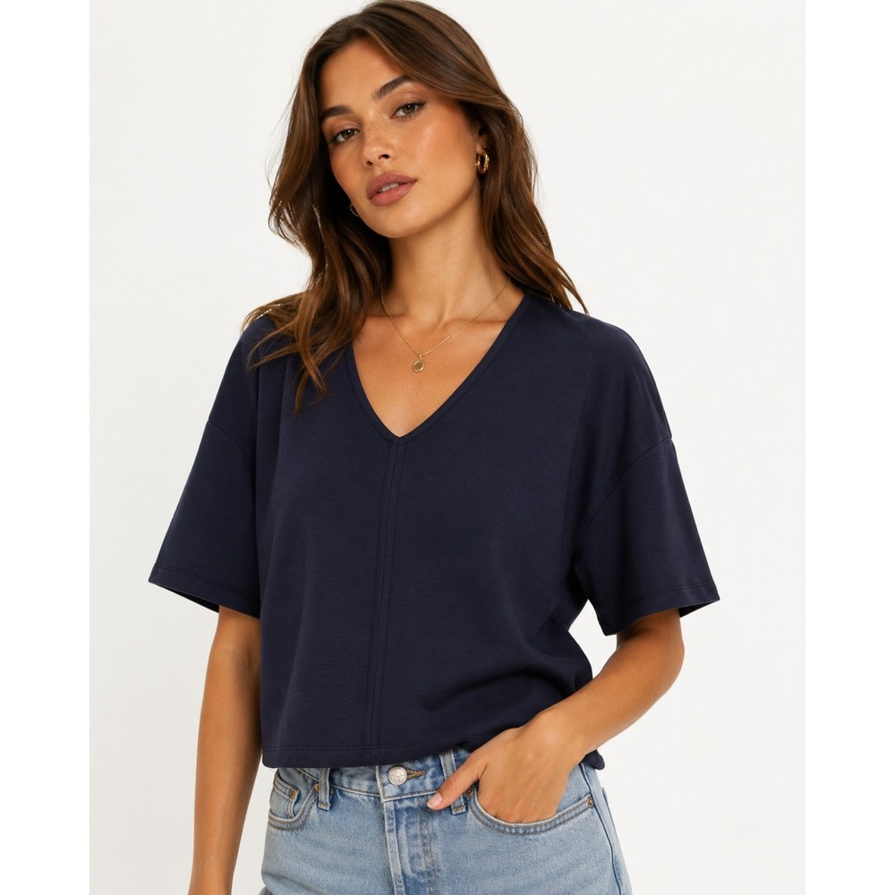 Thread & Supply Navy Scuba Knit V-Neck Short Sleeve Boxy Top Large NEW